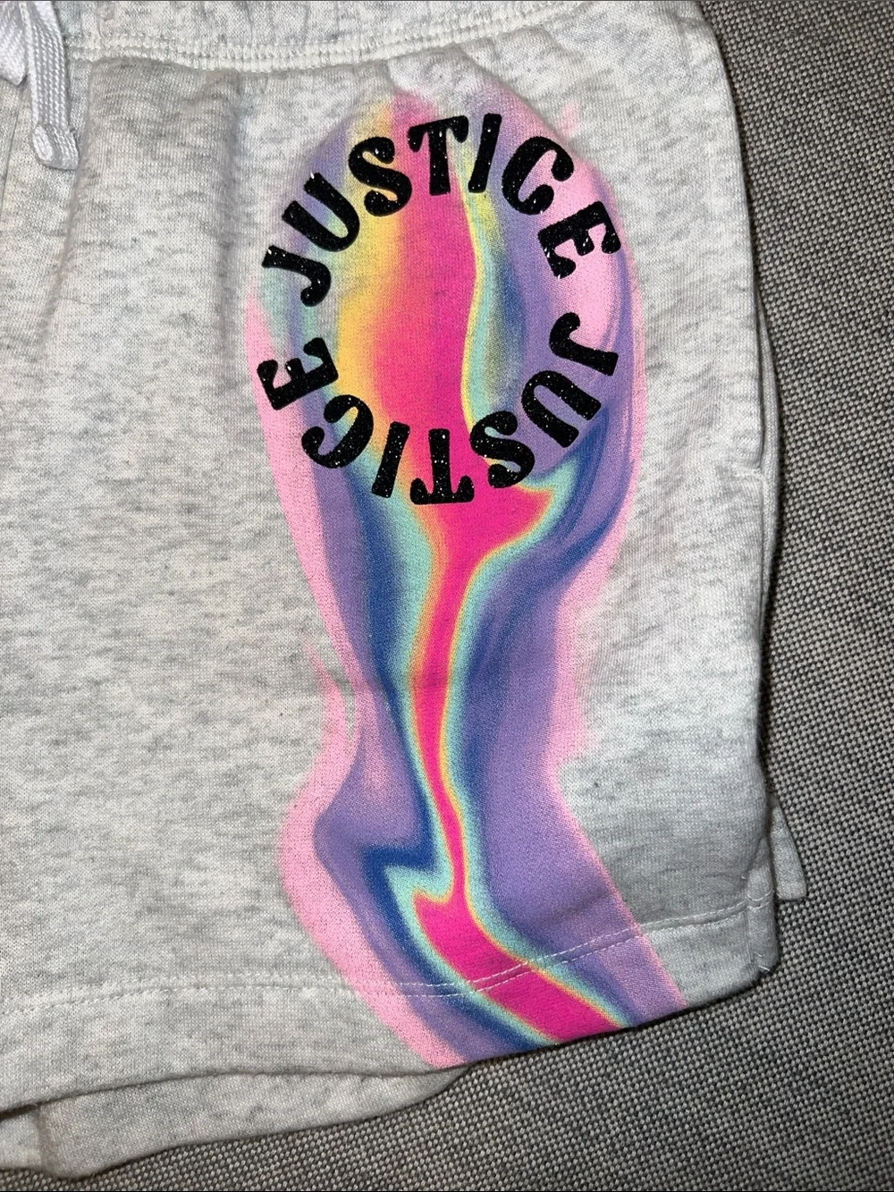 Justice Light Pink Sports Bra with Gray Shorts and Rainbow Logo
